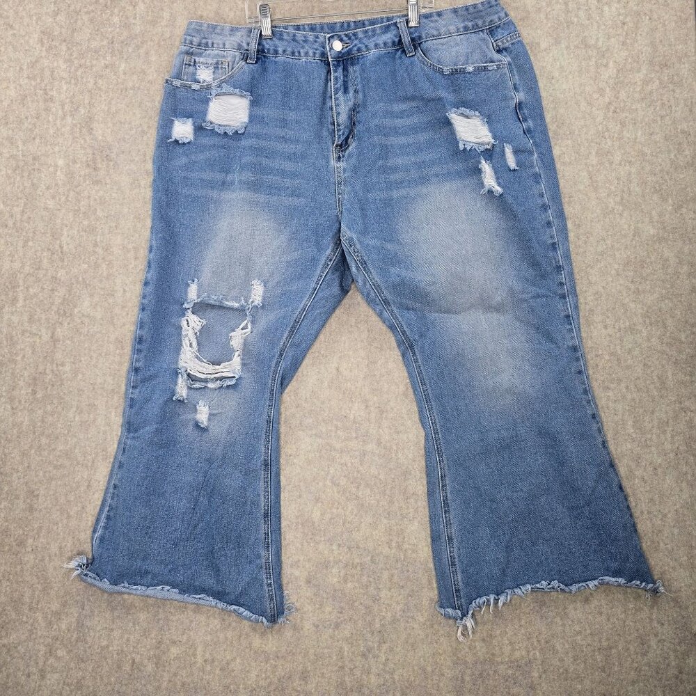 Distressed 4XL Womens Flared Denim Blue Jeans Mid-Rise Ripped High-Stretch Blend
